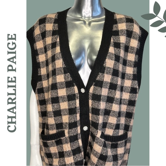 Charlie Paige Oversized Checker Sweater Vest Taupe Black Rhinestone Button XS - Picture 4 of 7